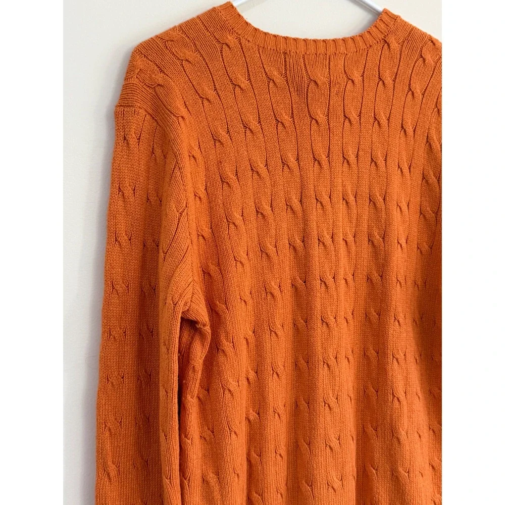 VTG Polo Ralph Lauren Orange 100% Silk Cable Knit V-Neck Sweater Mens Medium